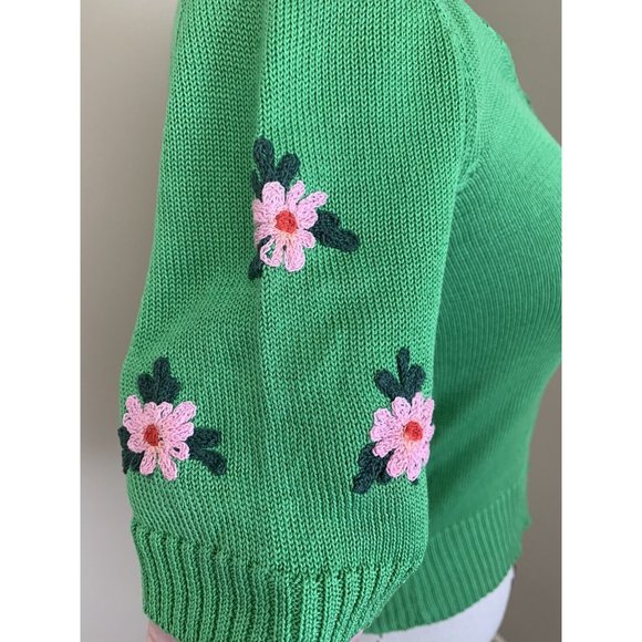 Vintage 70s Right Bank Green Floral Embroidery Cotton Sweater Knit Dittos Italy - Picture 6 of 10